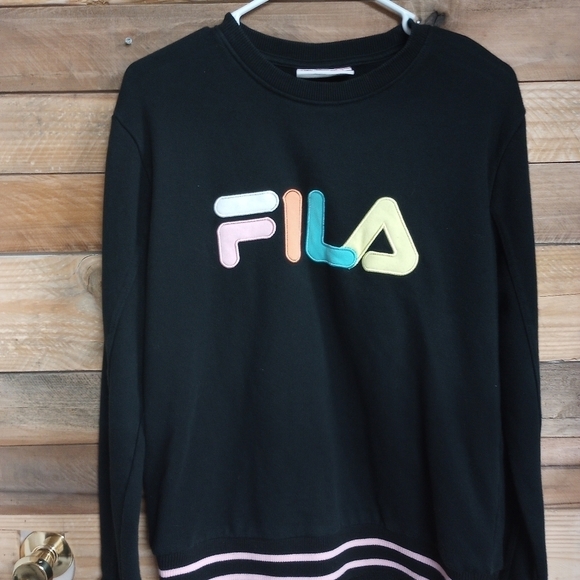 FILA Women’s Logo Black Pullover Long Sleeve Crew Neck Sweatshirt Medium Retro - Picture 4 of 10